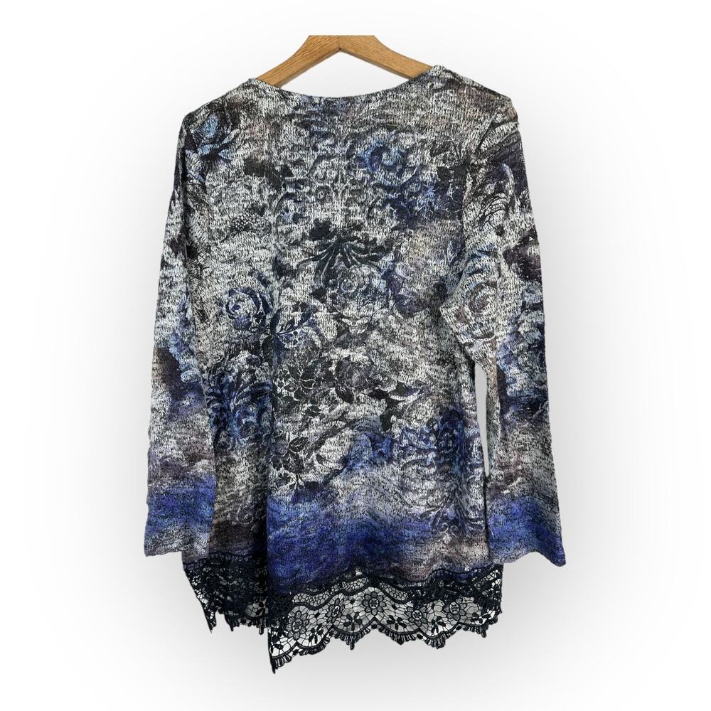 One World Women Large Lace Hem Knit Floral Sweater Tunic Artsy Hippie Lagenlook - Picture 2 of 12